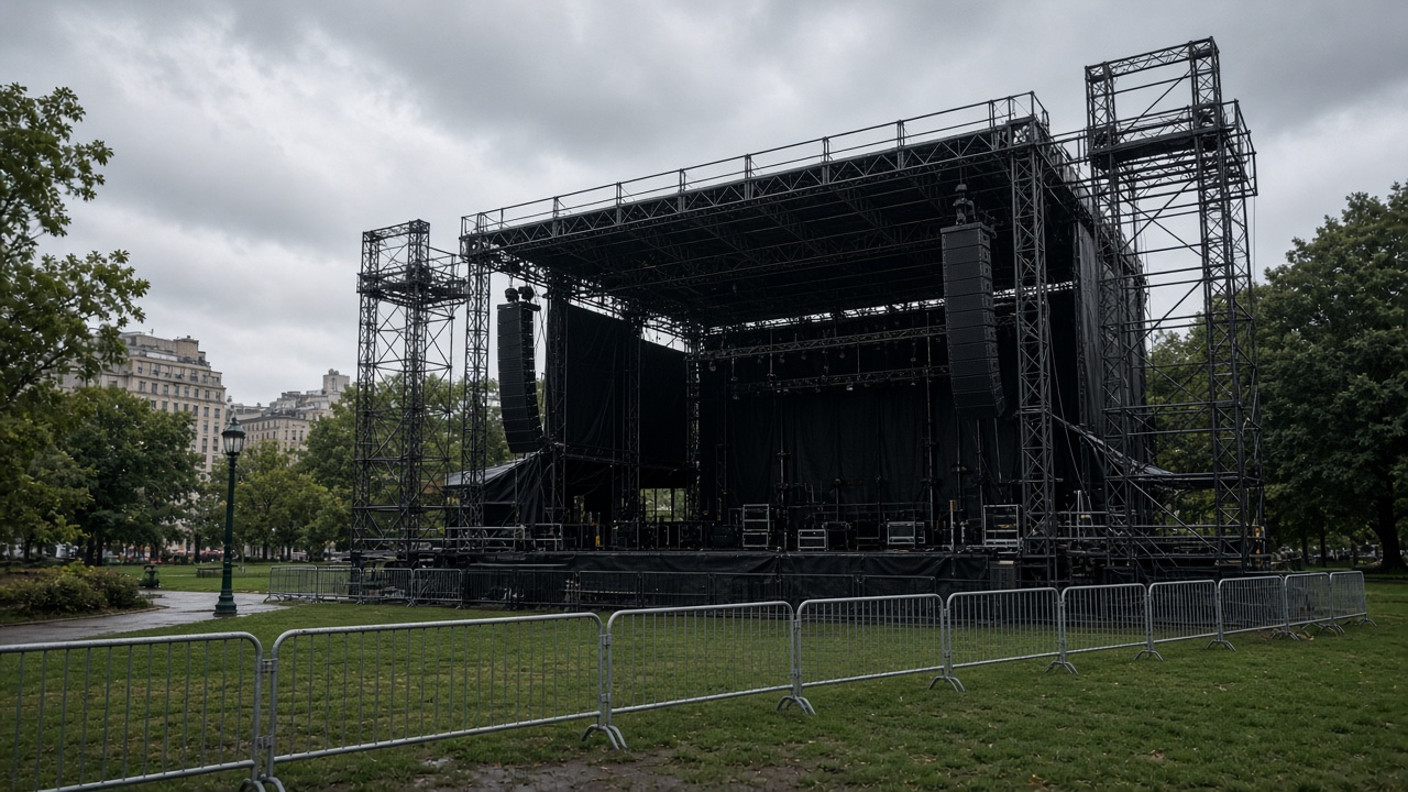 Outdoor concert stage scaffolding in a city park on a cloudy day, empty crowd barriers and wet grass, no logos or readable text