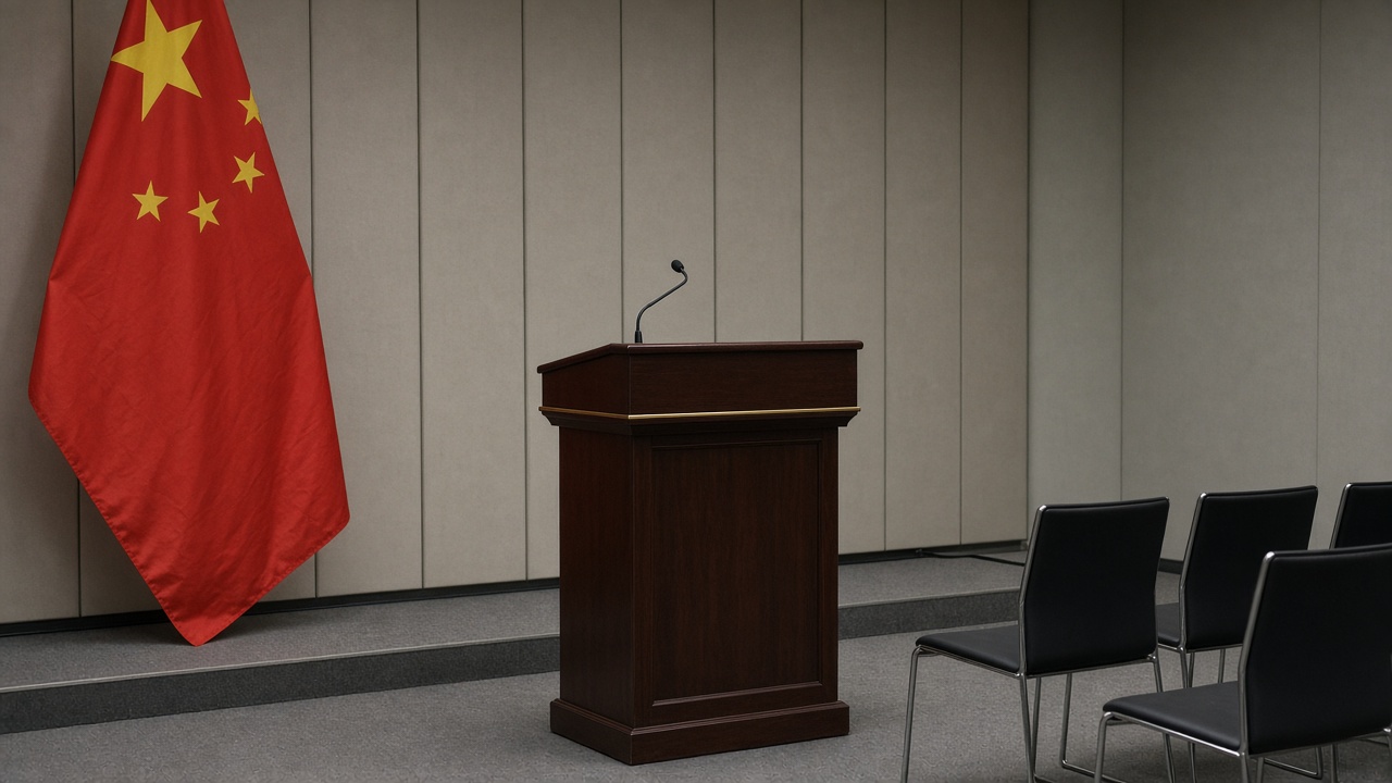 Chinese foreign ministry press room with national flag backdrop and lectern before a briefing on Taiwan-related sanctions