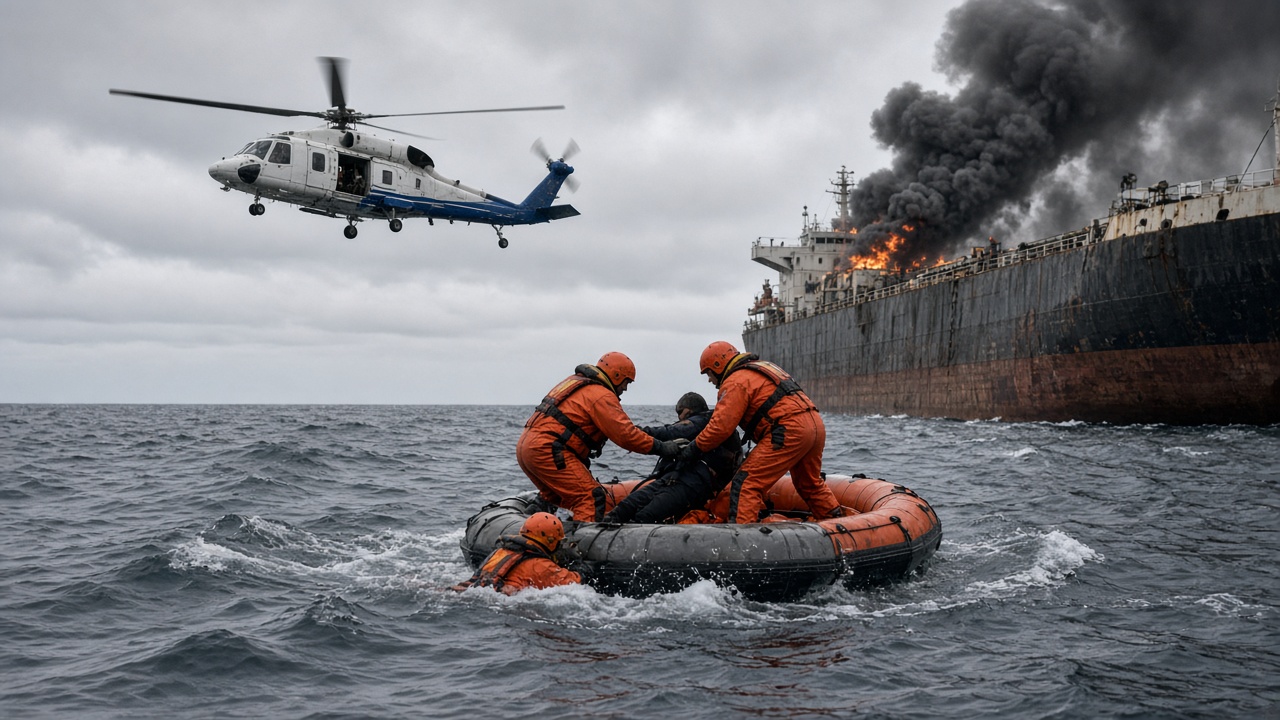 Romanian coast guard helicopter hovers over smoke on the Black Sea as rescuers in orange gear pull crew members from a life raft near a burning grain ship hull, choppy grey water under overcast skies