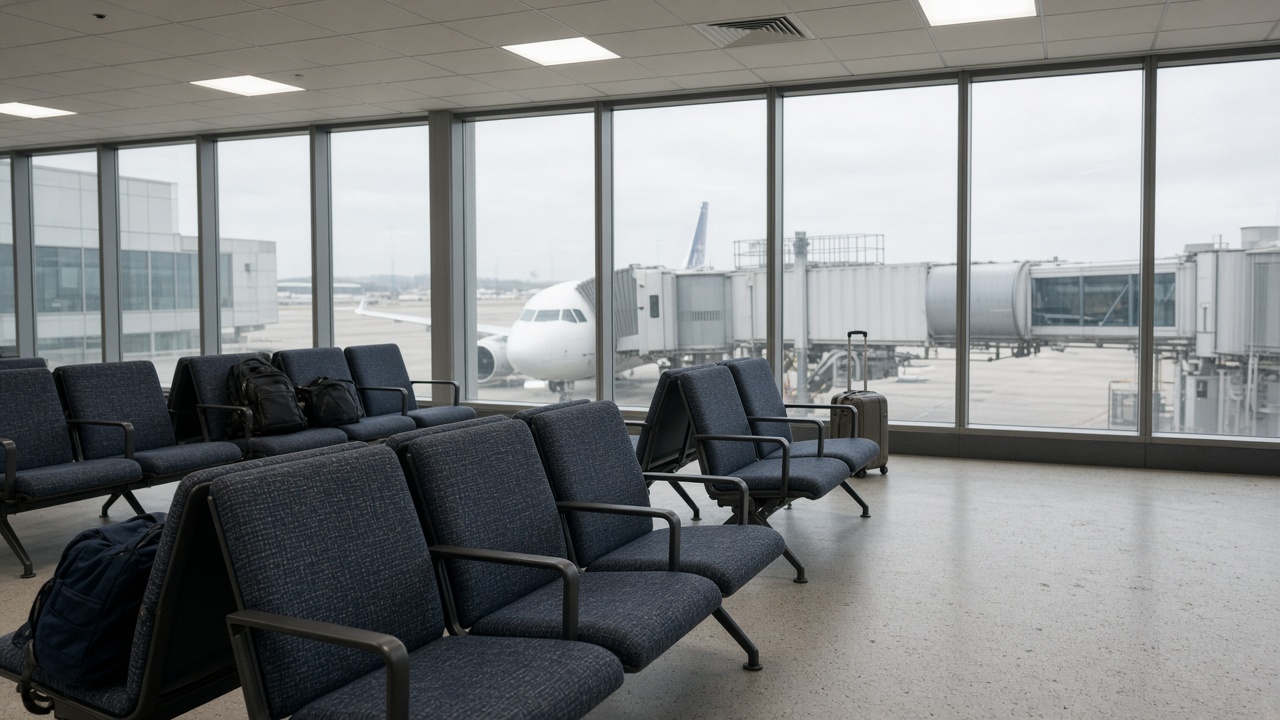 An airport departure lounge seating area with fabric chairs and floor-to-ceiling windows showing a parked jet bridge, soft daylight, no logos or readable text