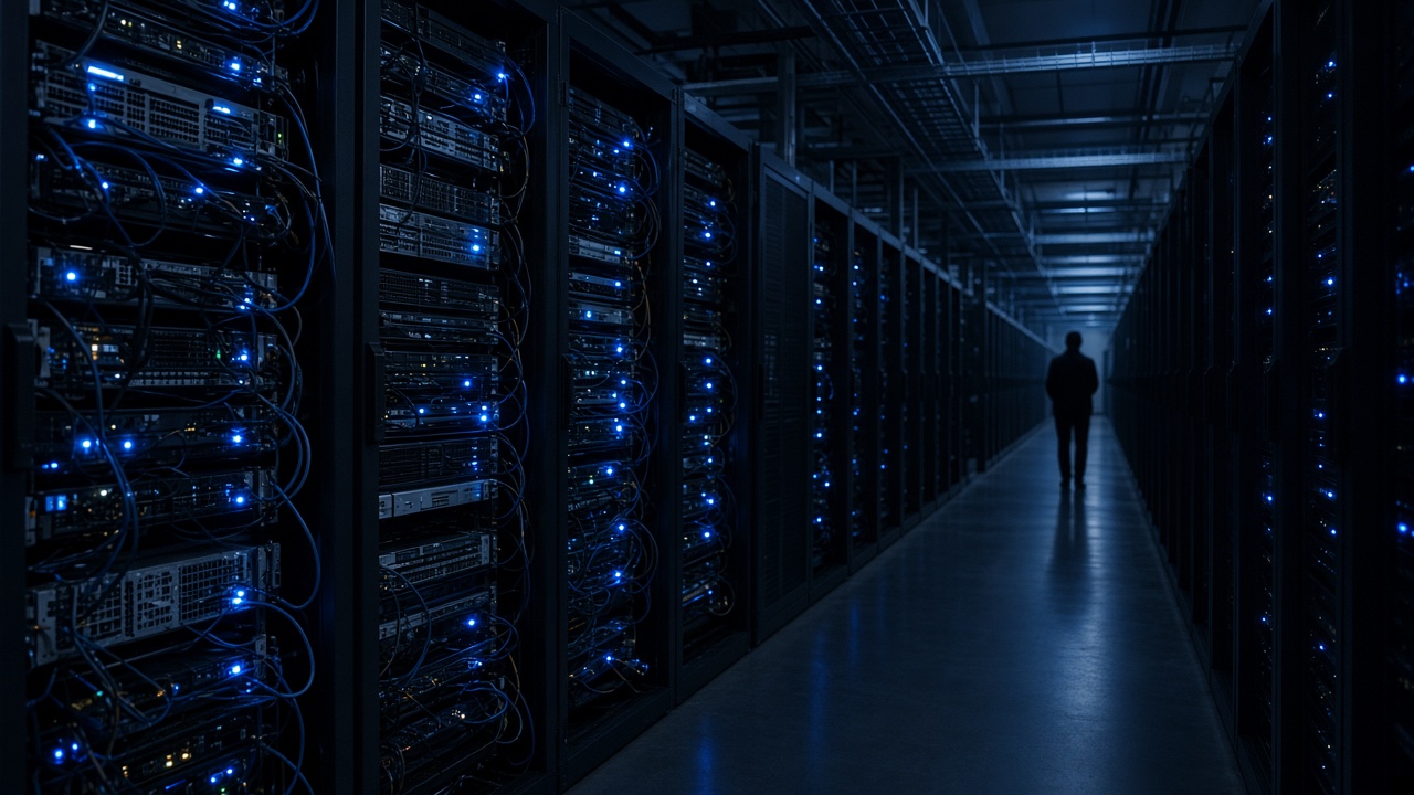 Data centre aisle with blinking server racks and cable trays, cold blue LED status lights, technician silhouette at far end, no logos or readable text