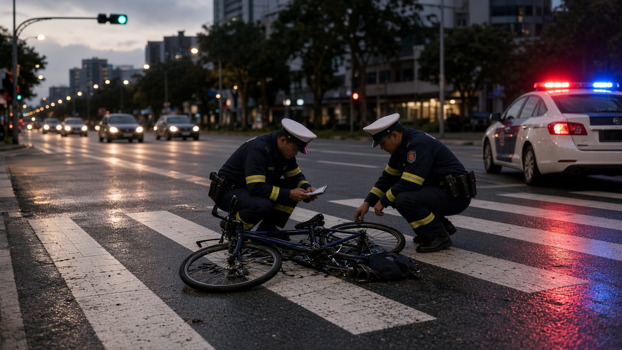 Singapore traffic police officers document a junction crash scene with a damaged bicycle near a crosswalk on Boon Lay Way at dusk, emergency lights reflecting on wet pavement, documentary wire style