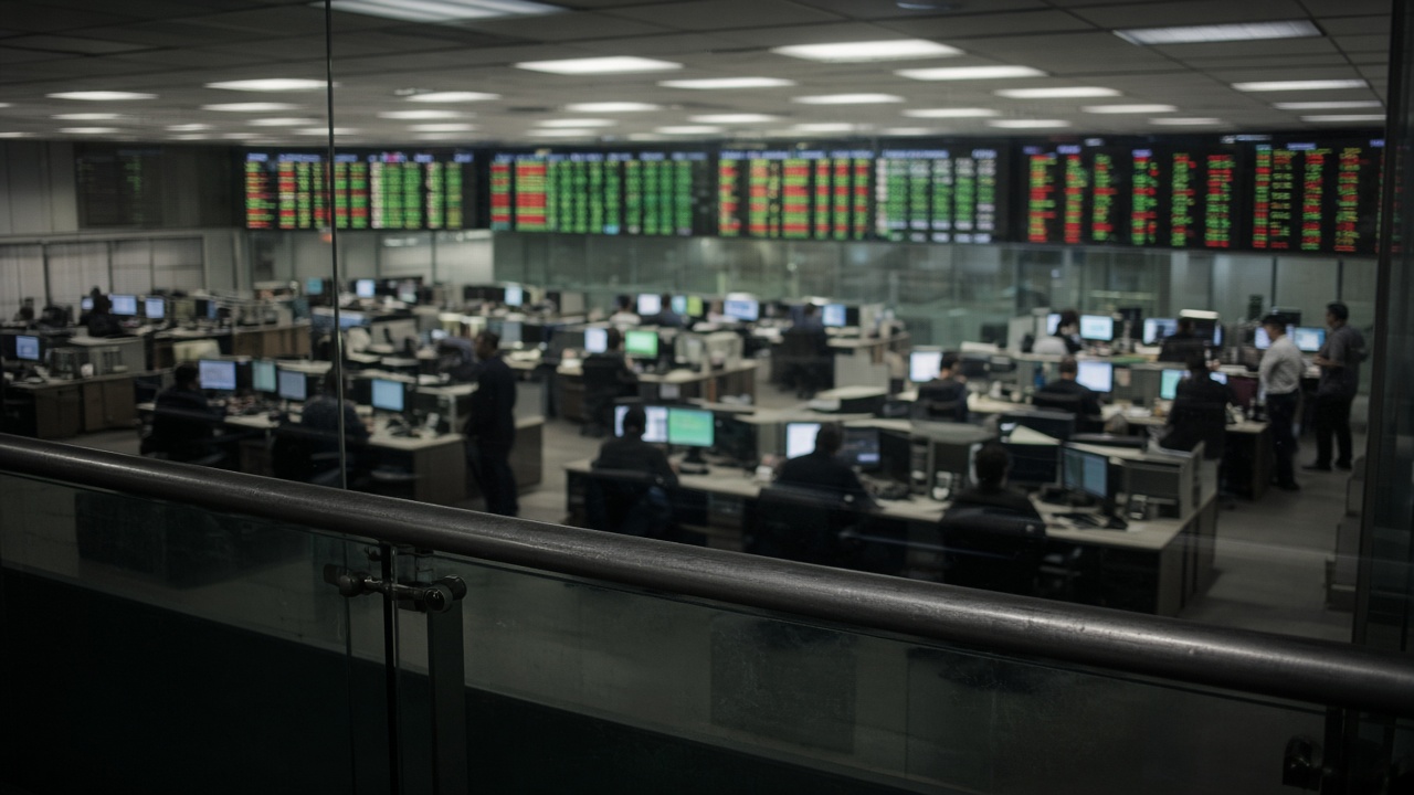 Sydney stock exchange floor viewing gallery with electronic price boards showing green and red numbers out of focus, traders silhouetted at desks, fluorescent office lighting, no logos or readable text
