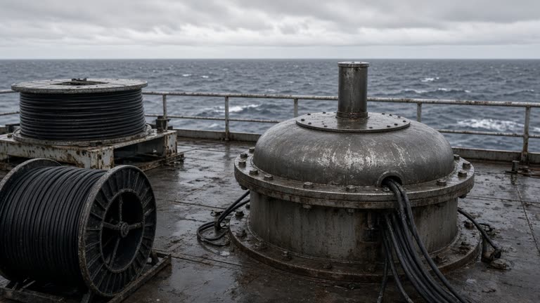 Ocean research borehole cap on a coastal platform with cable reels and gray sea horizon under overcast sky, no logos or readable text