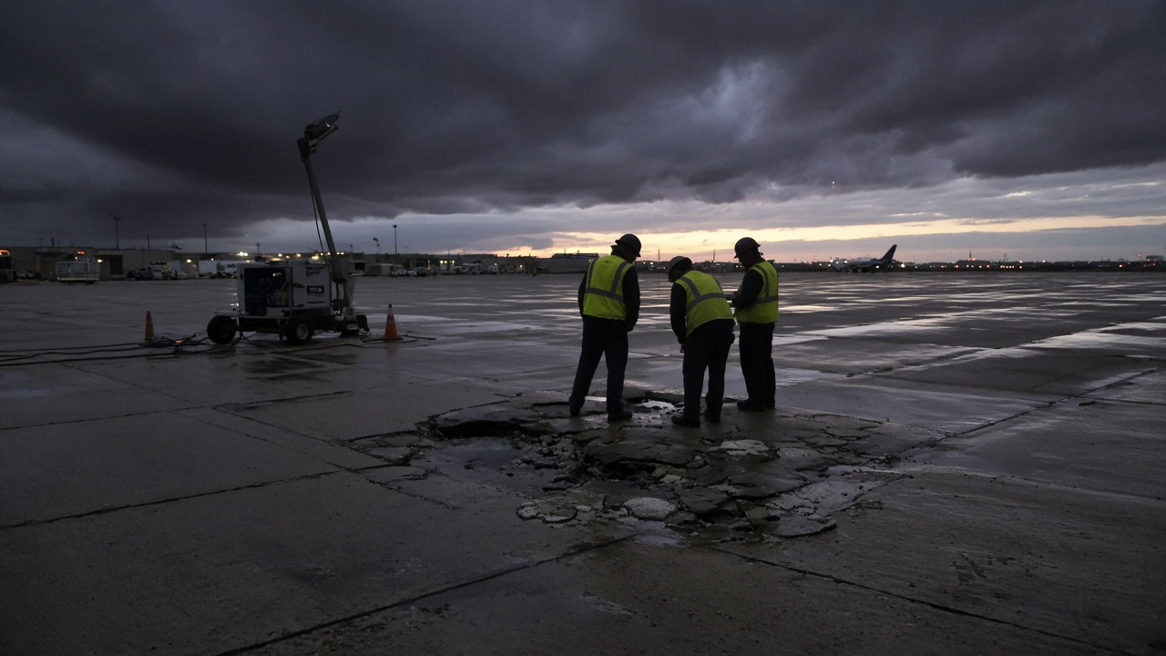 Airport engineers inspecting a lightning-scarred runway at dusk with storm clouds on the horizon and ground equipment nearby