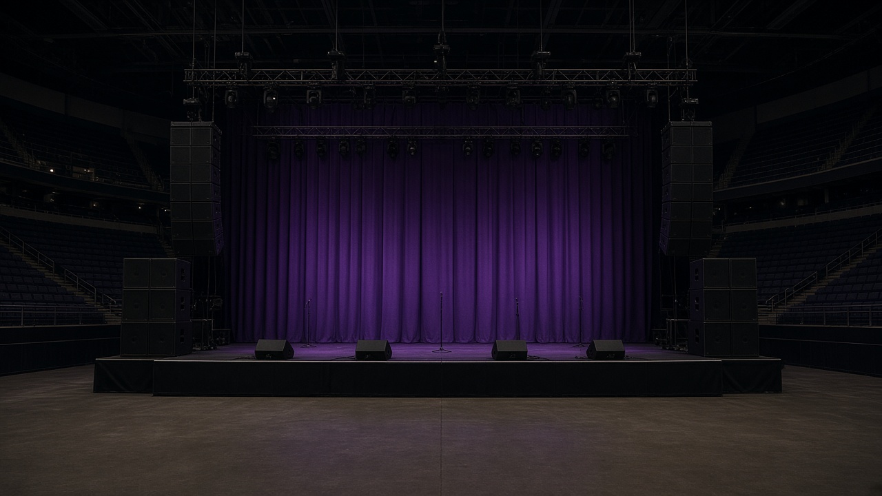Empty indoor arena stage with black speaker stacks and truss lighting rigs, house lights dim, purple wash on curtain, no logos or readable signage