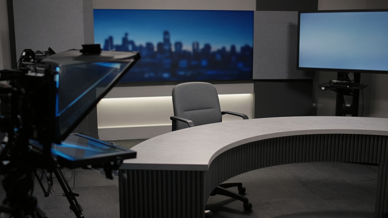 Television news studio with anchor desk, ring lights and a floor-mounted teleprompter glass reflecting blue light, empty chair, no logos or readable text on screens