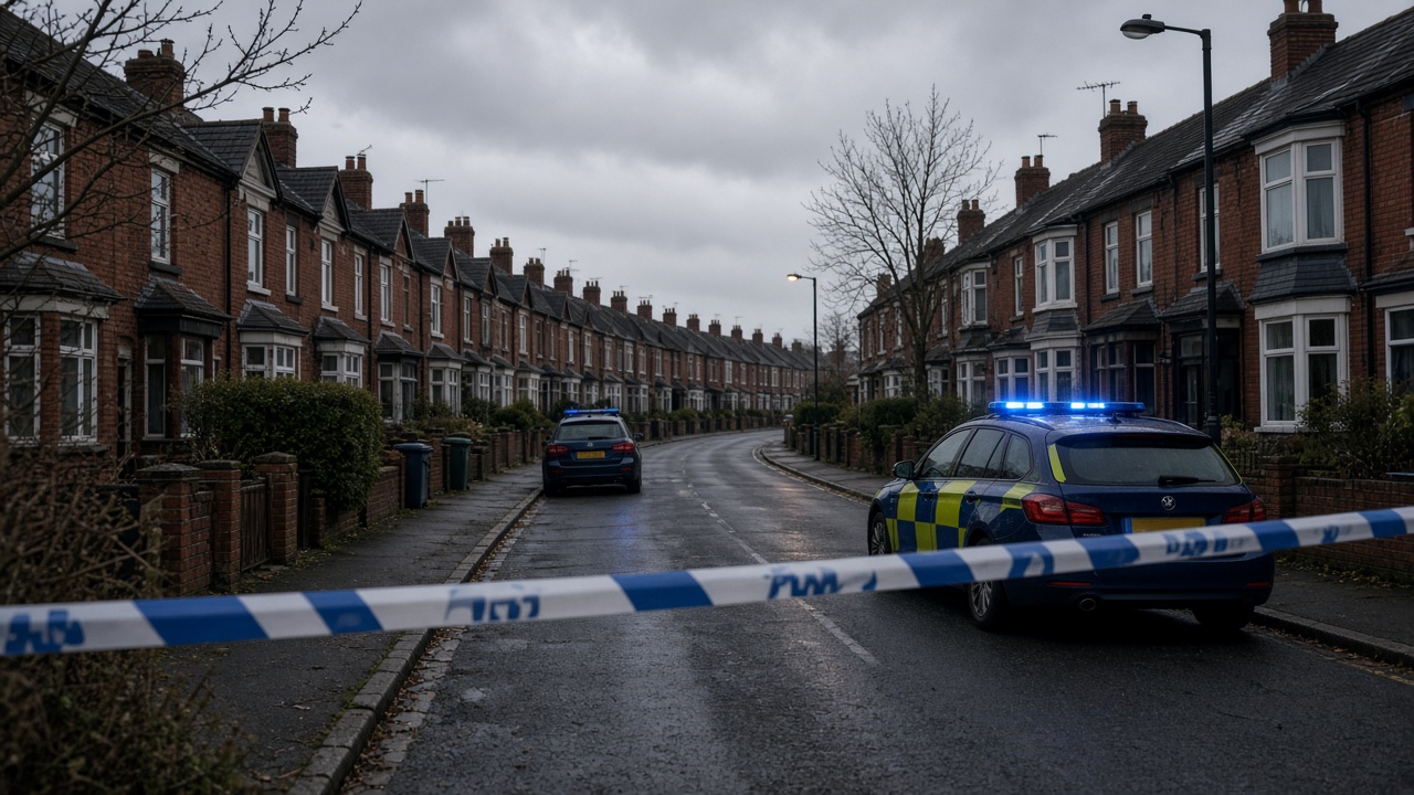 Police tape and marked cars blocking Brookhouse Road in Meir, Stoke-on-Trent, after an overnight fatal attack