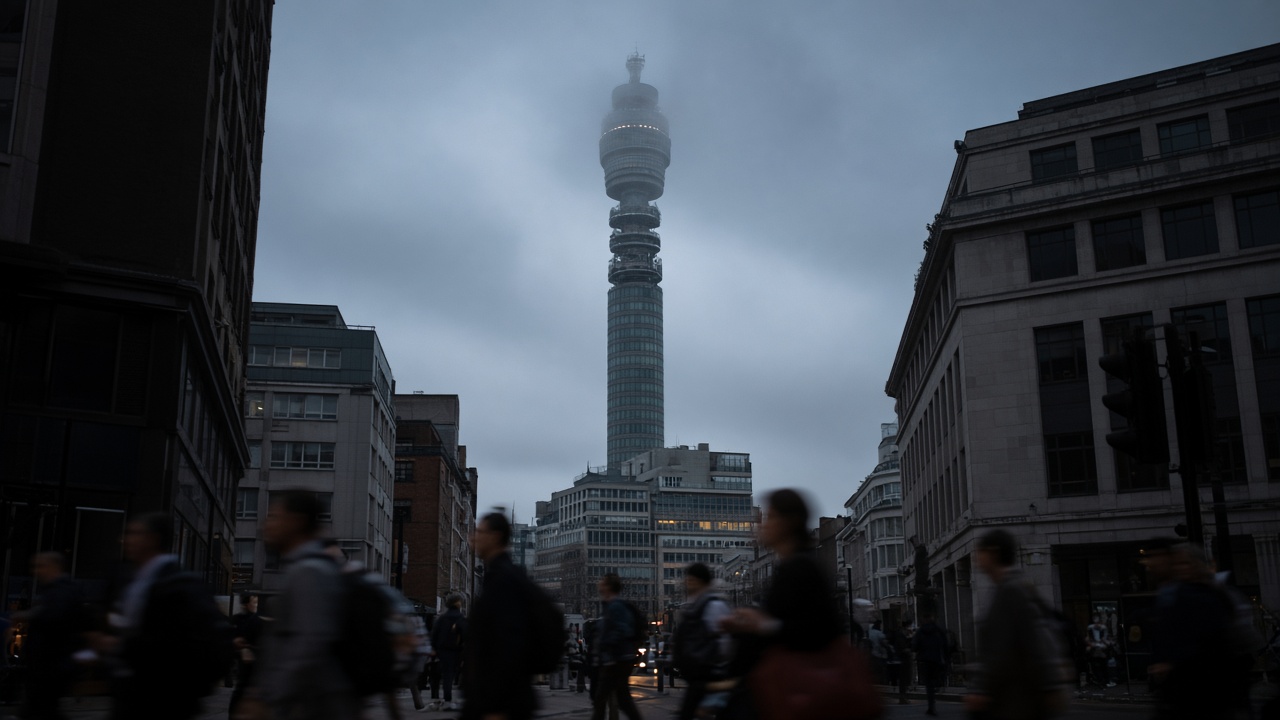 BT Tower in London at dusk with low cloud, street-level commuters blurred in foreground, documentary wire-photo framing