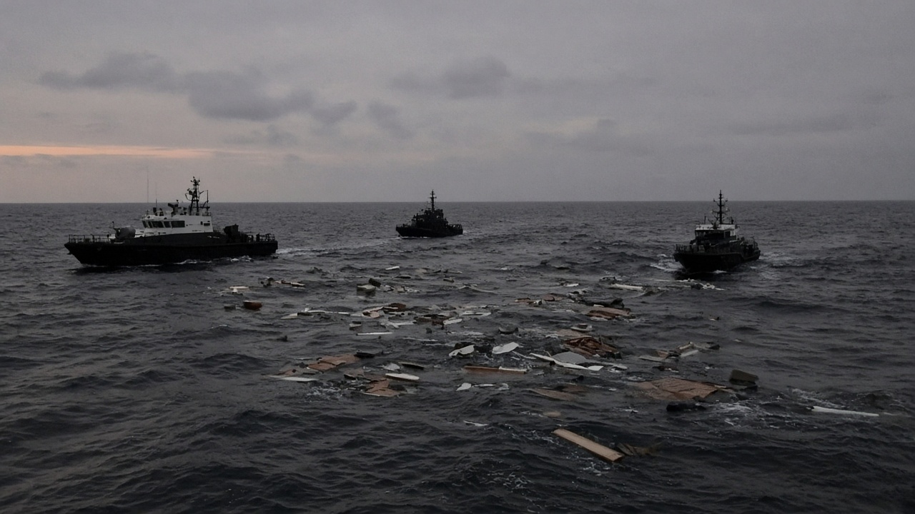 Bulgarian coast guard cutters circle debris fields at dawn after a cargo ship sank in the Black Sea exclusive economic zone