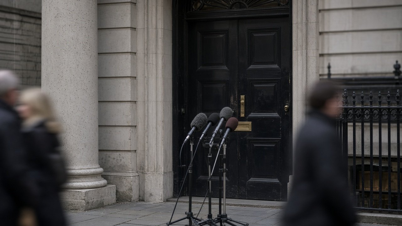 Downing Street black door from street level with broadcast microphones on stands and blurred pedestrians, overcast morning, no logos or readable text.