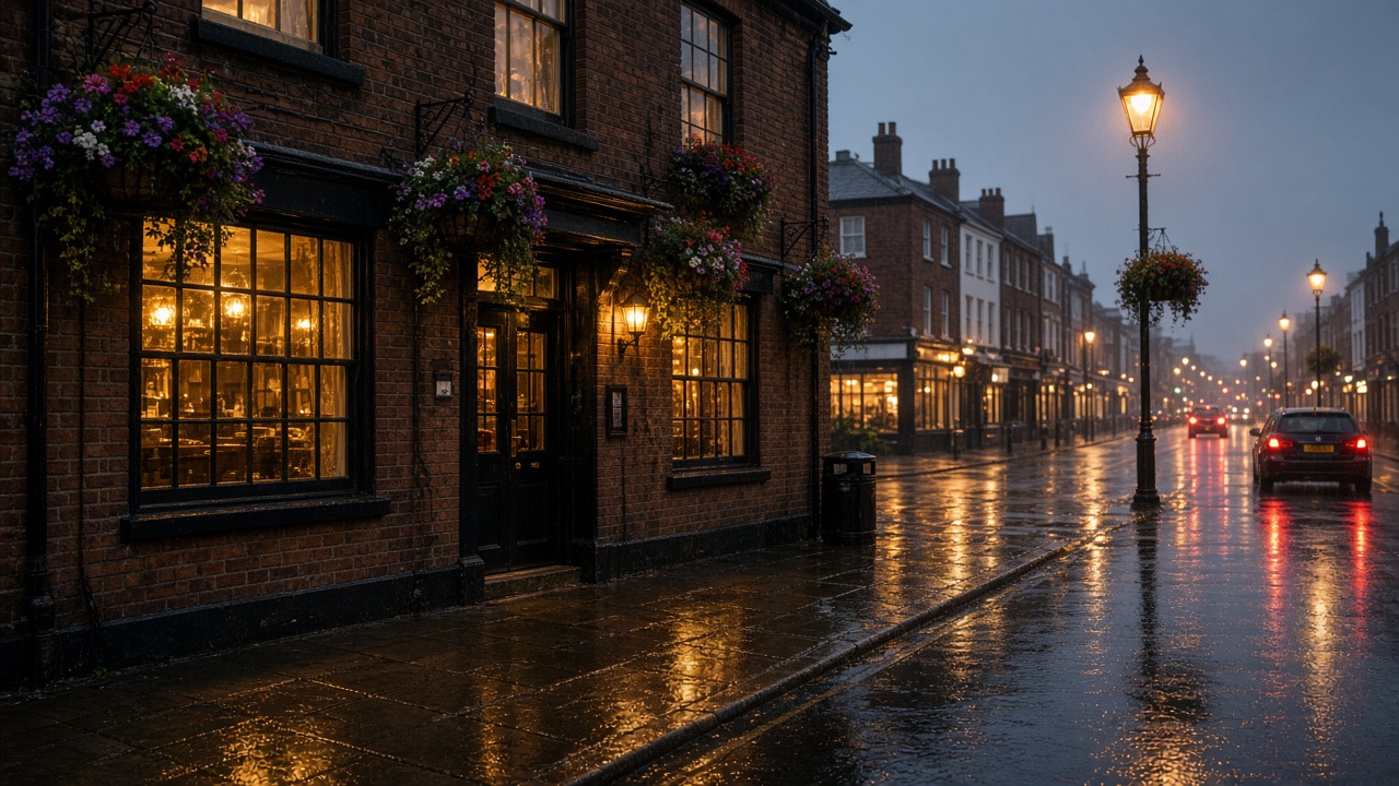 Traditional brick pub on a rainy English high street with hanging flower baskets, evening streetlights, no readable pub name signage