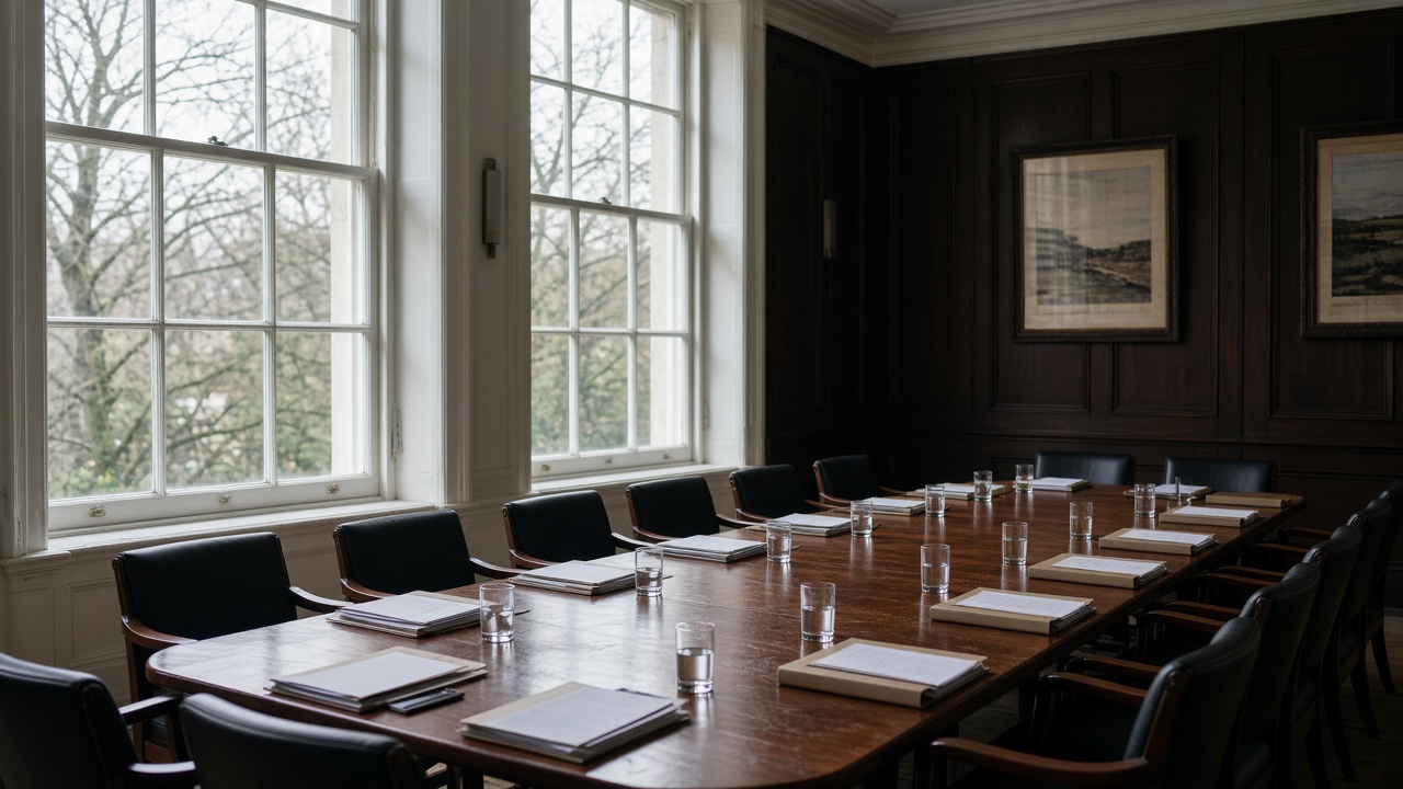 Downing Street cabinet room with empty chairs around a long polished table, binders and water glasses, overcast daylight through tall windows, no logos or readable text.