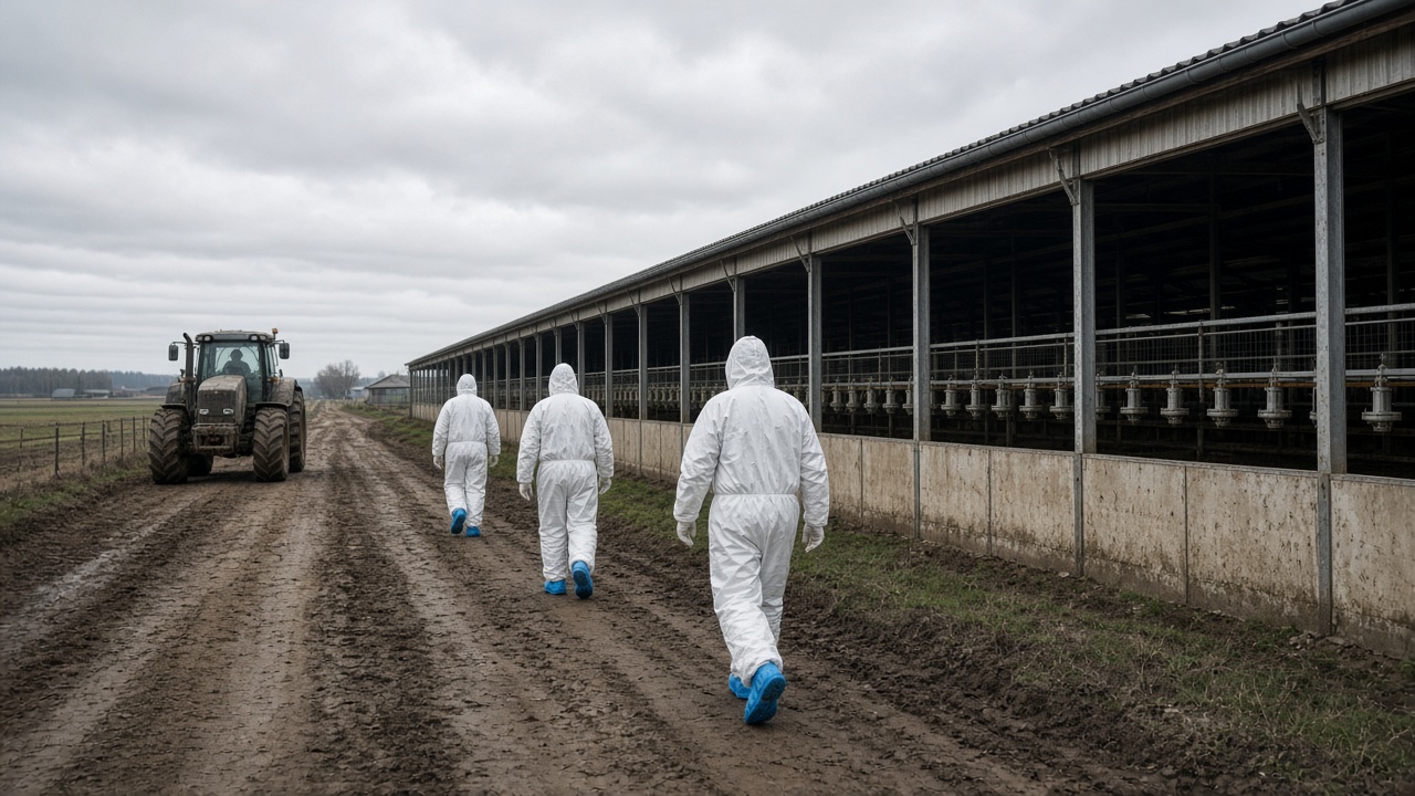 Workers in white protective suits and blue boot covers walking along rows of empty poultry barns on a rural farm road, overcast sky, mud on tires, no logos or readable text.