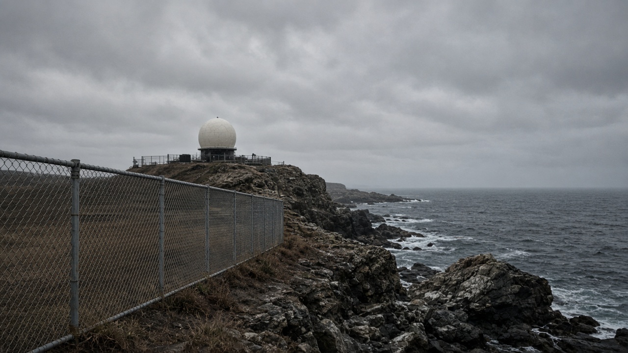 Coastal radar dome and chain-link fence on rocky Japanese island shoreline under overcast sky, documentary wire photo