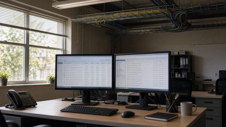University IT office with dual monitors showing blurred email queues, tangle of network cables in ceiling tray, afternoon window light, no logos or readable text