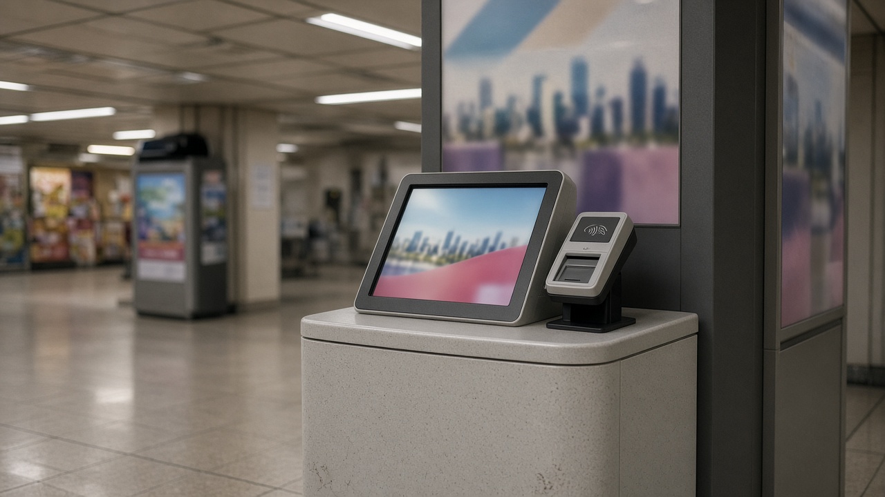 Bank card marketing kiosk in a Seoul shopping concourse with blurred promotional posters and a contactless reader on the counter, fluorescent mall lighting, no logos or readable text