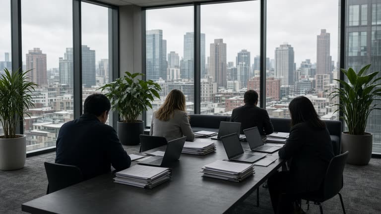 Glass-walled corporate lobby with muted carpet and potted plants, analysts seated at a long table with laptops and paper binders, city skyline through windows, faces turned away, no logos or readable text