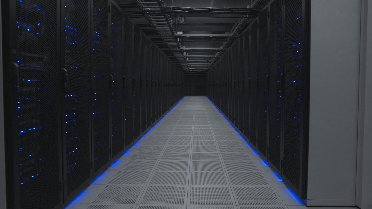 Government data centre cold aisle with blue LED rack lights, raised floor tiles, cable trays overhead, empty corridor perspective, no logos or readable labels
