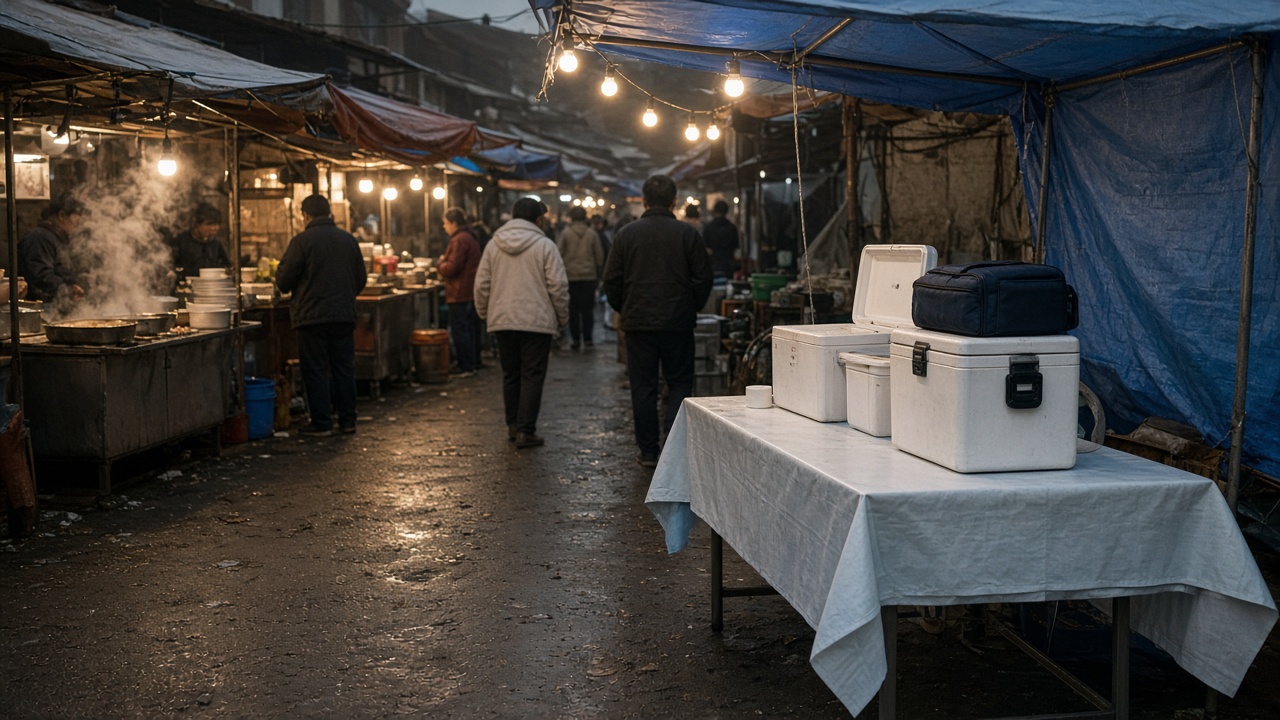 Night market alley with food stalls and a pop-up health booth table holding vaccine coolers under string lights, no logos or readable text