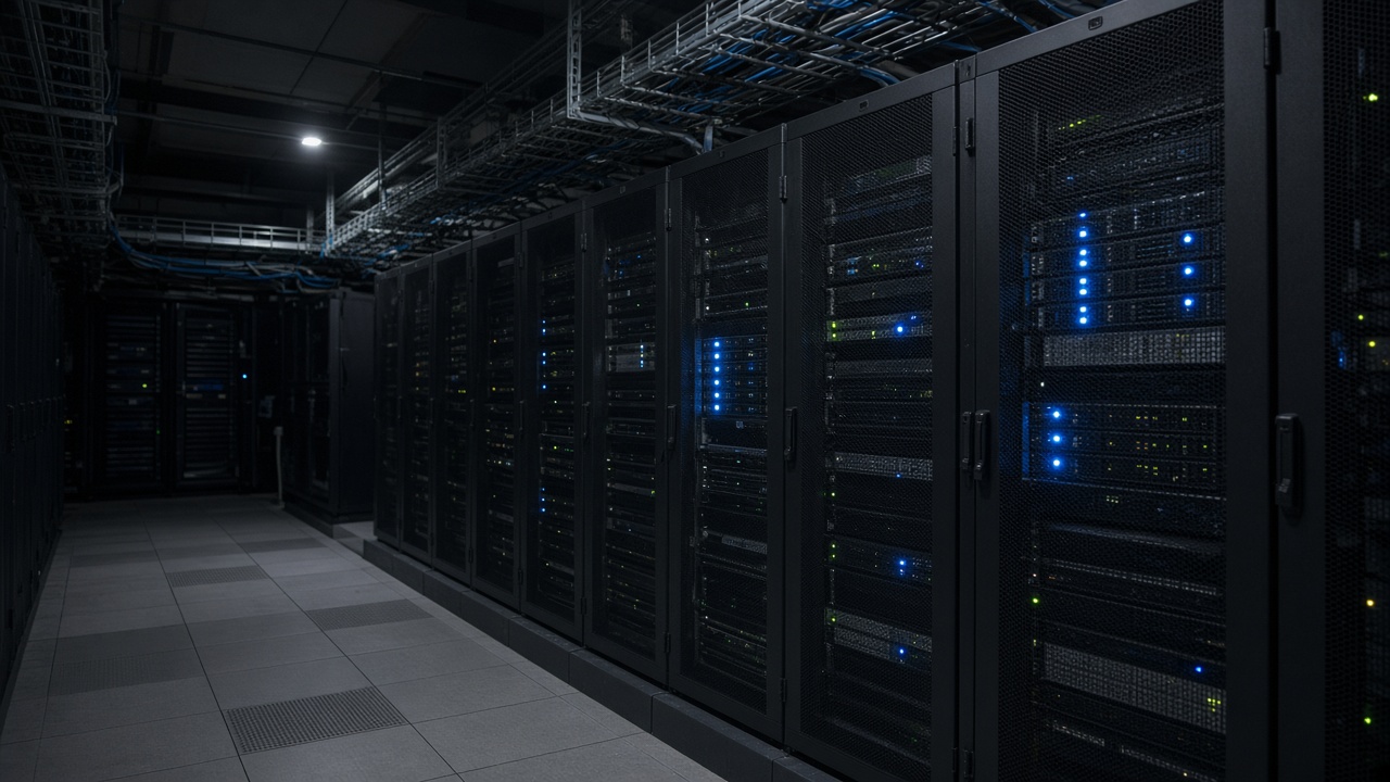 A server rack aisle in a dim data centre with blue status LEDs, cable trays overhead, anti-static floor tiles, no logos or readable text