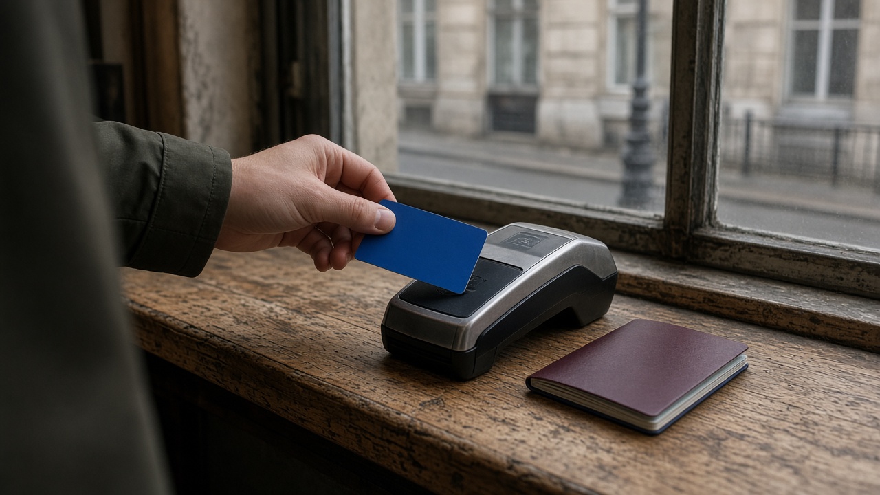 A traveler taps a blue credit card on a European café contactless terminal beside a folded passport on a worn wooden counter, overcast daylight through a window, no logos or readable text
