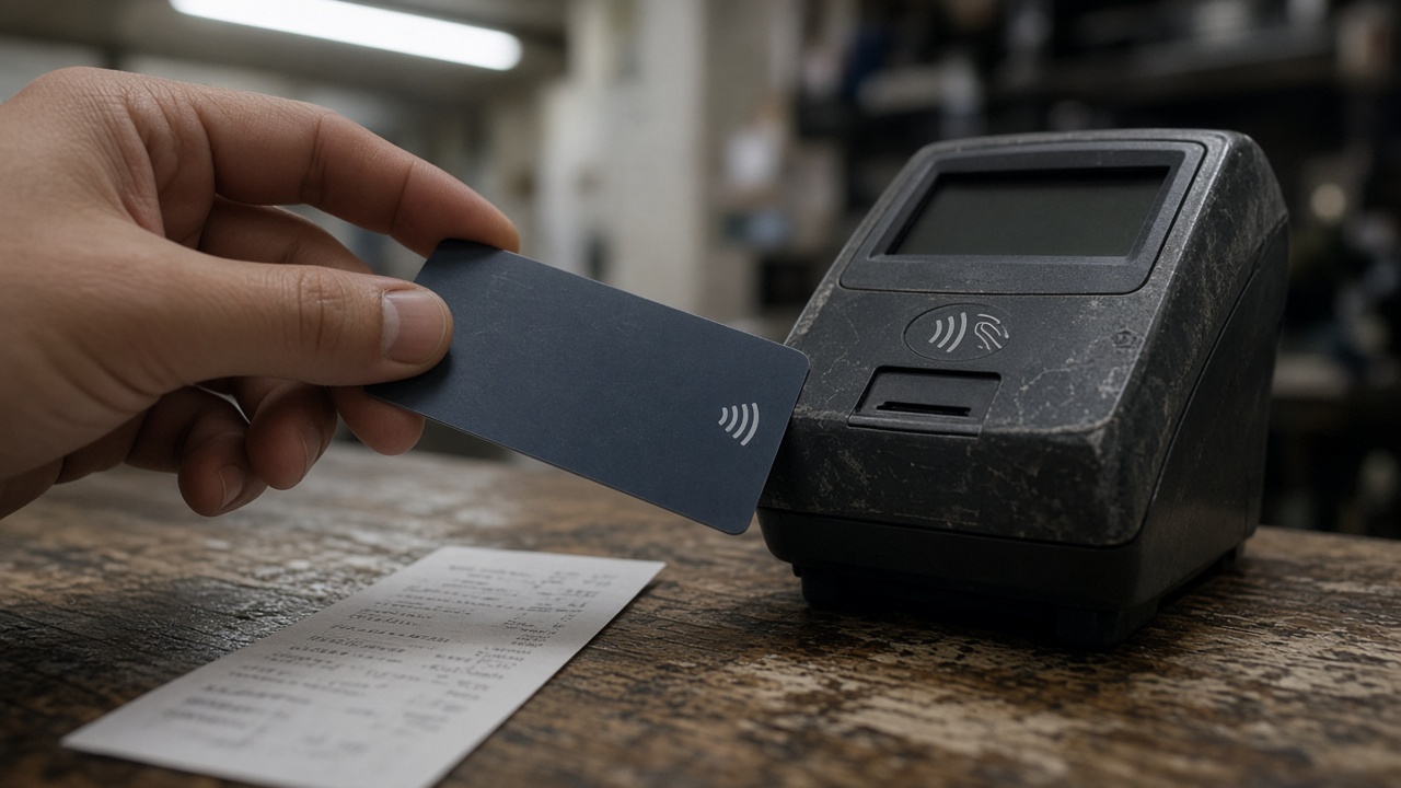 Close-up of a contactless credit card tapping a café payment terminal beside a paper receipt on a worn wooden counter, fluorescent overhead light, shallow depth of field, no logos or readable text