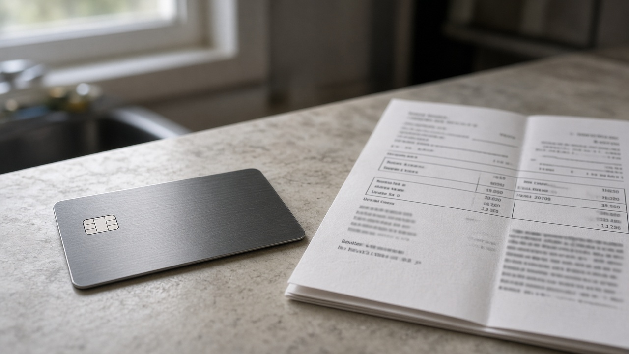 Close-up of a metal Chase Sapphire Reserve card resting on a kitchen counter beside an opened paper credit card statement showing a large annual fee line item, morning window light, shallow depth of field, no logos or readable text
