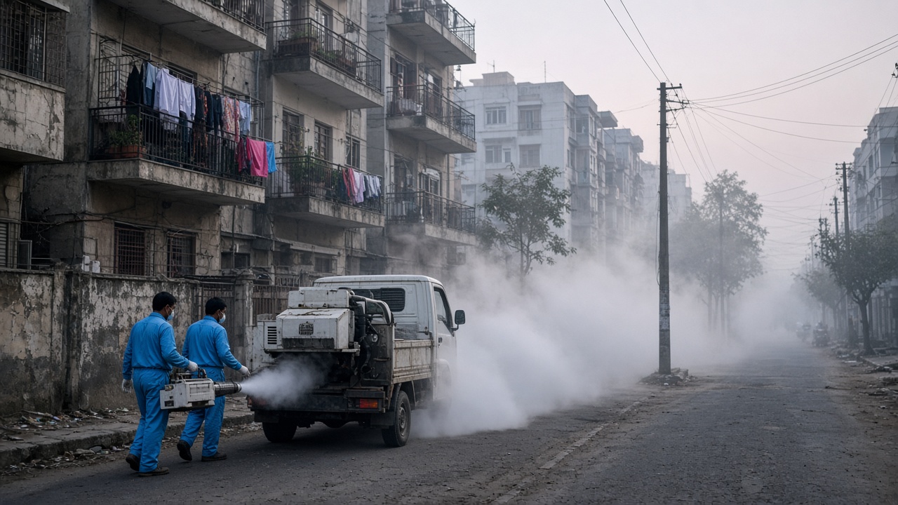 Municipal health workers fogging a Chennai street at dawn with mist trailing behind a truck, apartment balconies with drying clothes, no logos or readable text.