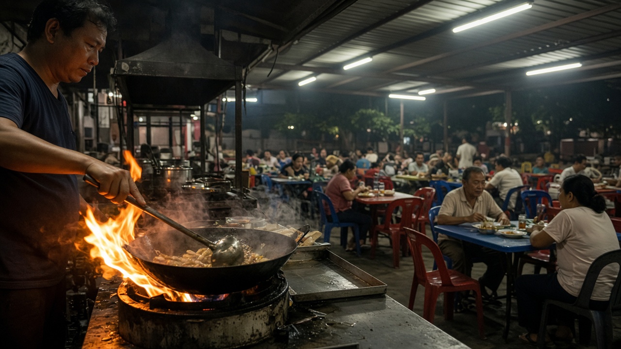Photoreal open-air hawker centre at night with wok flames and diners at plastic tables under fluorescent canopies, thin haze in the air, no logos or readable text
