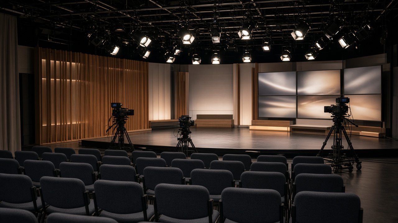 Television studio with empty audience seats facing a lit stage and overhead rigging, rehearsal lights only, no logos or readable text