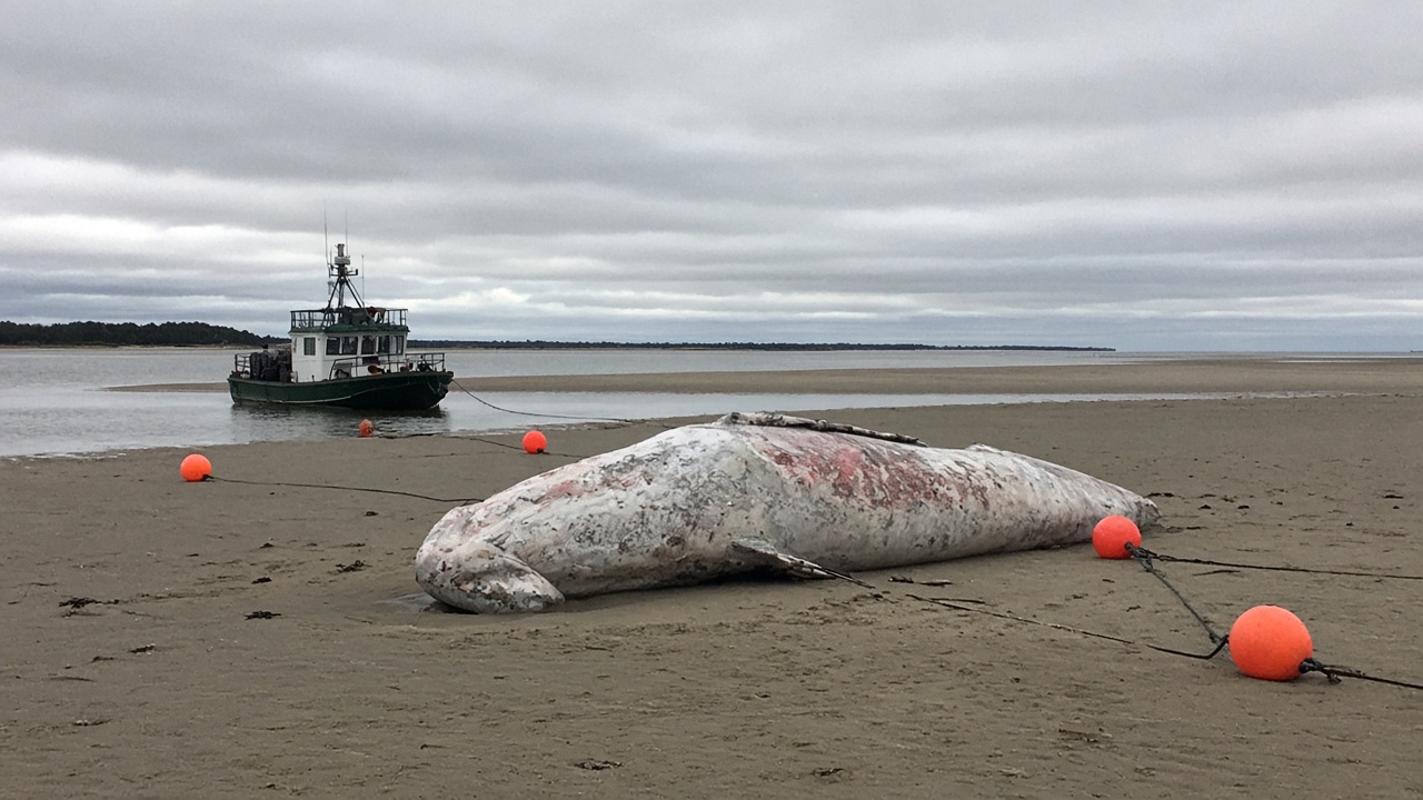 A pale humpback whale carcass rests on a sandy Clarence River bar near Iluka as a small work boat and orange buoys mark the recovery zone under grey coastal skies.