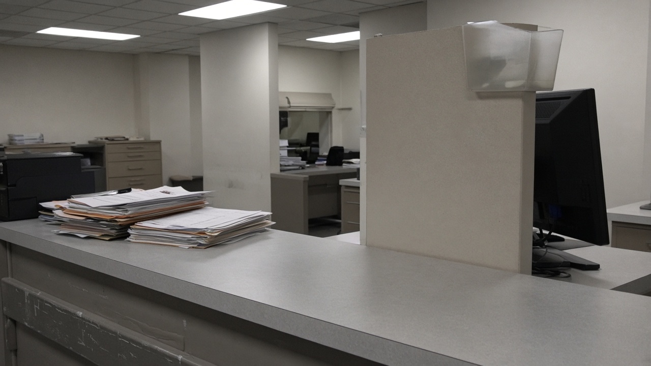 Hospital billing office counter with stacked paper folders and computer monitor turned away, fluorescent ceiling panels, documentary wire photo, no logos or readable text