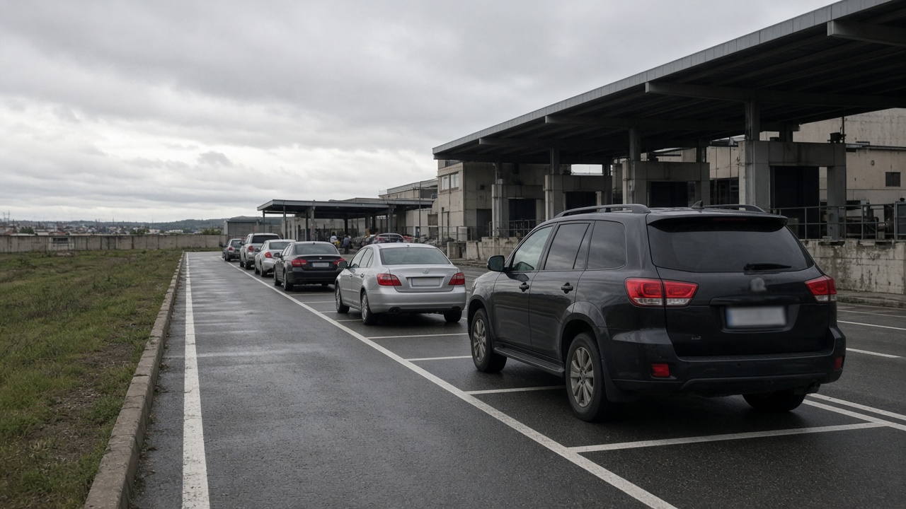 Motorists queue at an LTA vehicle inspection lane under overcast sky, sedans and SUVs waiting in marked bays, no readable licence plates or signage text