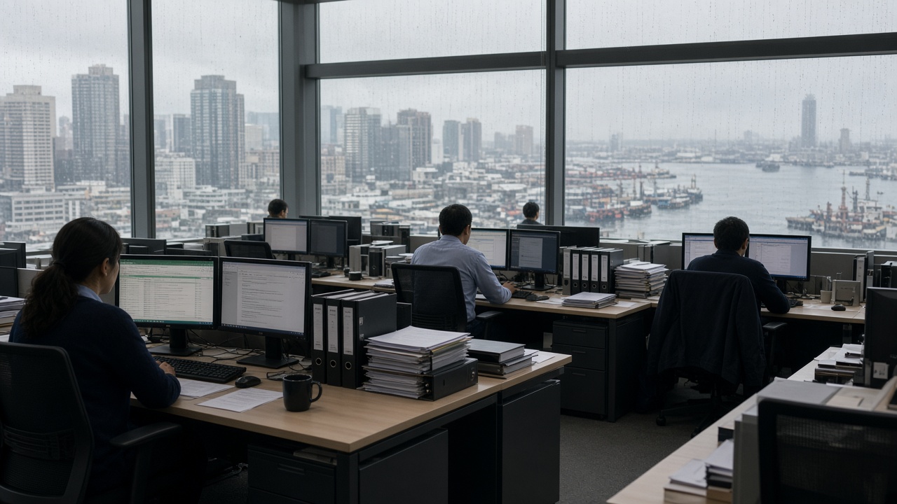 Open-plan insurance office overlooking docklands towers, analysts at dual monitors with paper binders, overcast daylight, no logos or readable text