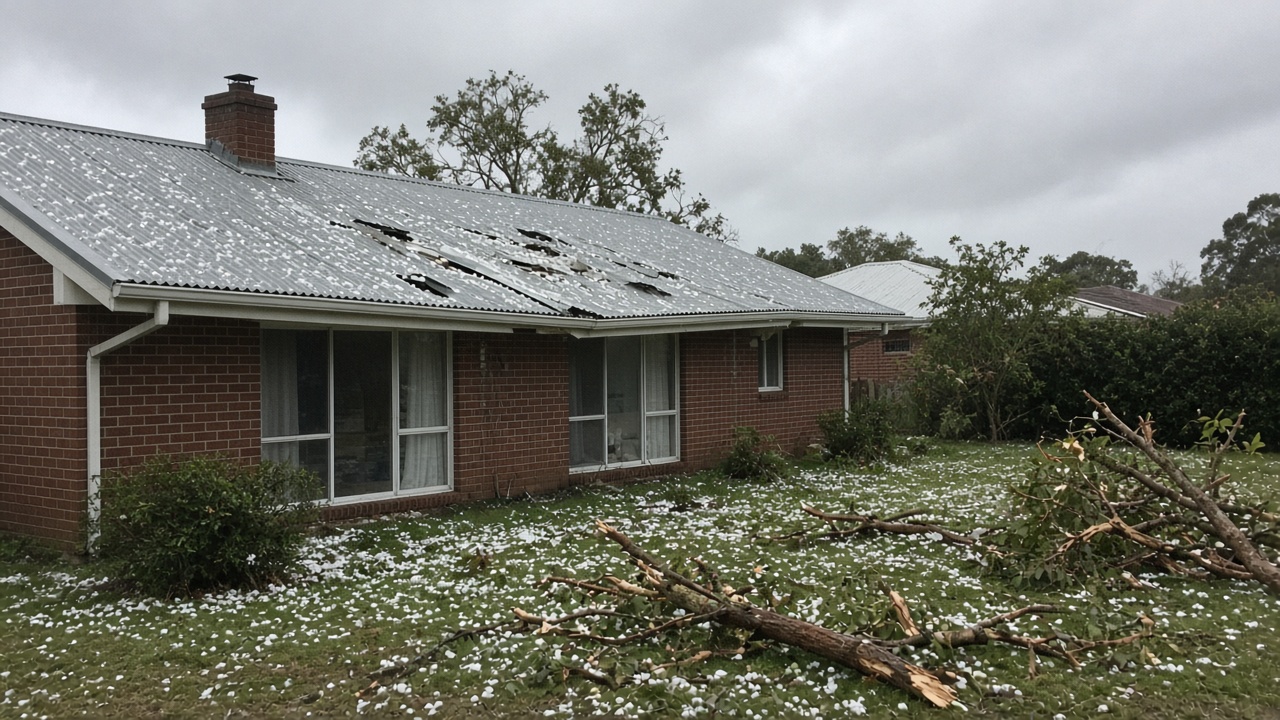 Hail-damaged corrugated metal roof on a suburban Queensland home, broken tree branches on lawn, overcast sky, no logos or readable text
