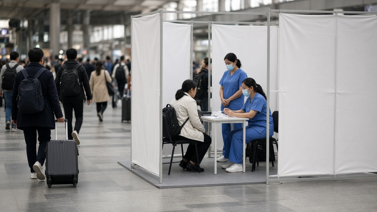 Temporary vaccination booth with privacy screens in a large train station concourse, staff in masks, travelers with luggage passing by, no readable signage or logos.