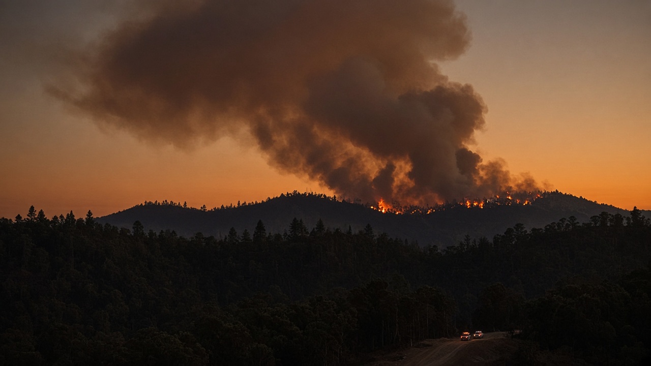 Bushfire smoke plume rising behind a ridgeline at dusk, orange sky gradient, fireground vehicles tiny in the distance, no readable signage