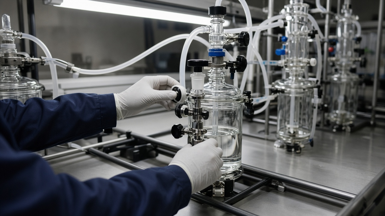 Industrial laboratory bench with glass reactors and tubing, scientist hands in gloves adjusting valves, fluorescent light, no faces toward camera, no readable labels