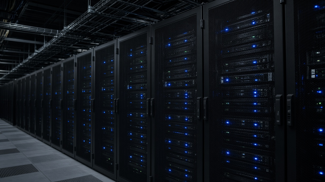 Row of black server racks in a dim data hall with blue status LEDs, cable trays overhead, shot from aisle end, no logos or readable text