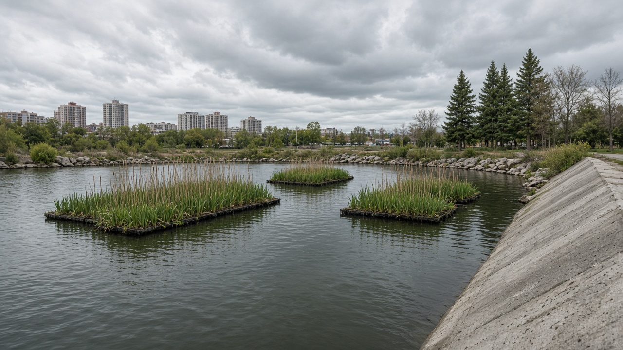 Artificial floating wetland mats with reeds on urban stormwater pond, overcast sky, concrete embankment, no signage or readable text