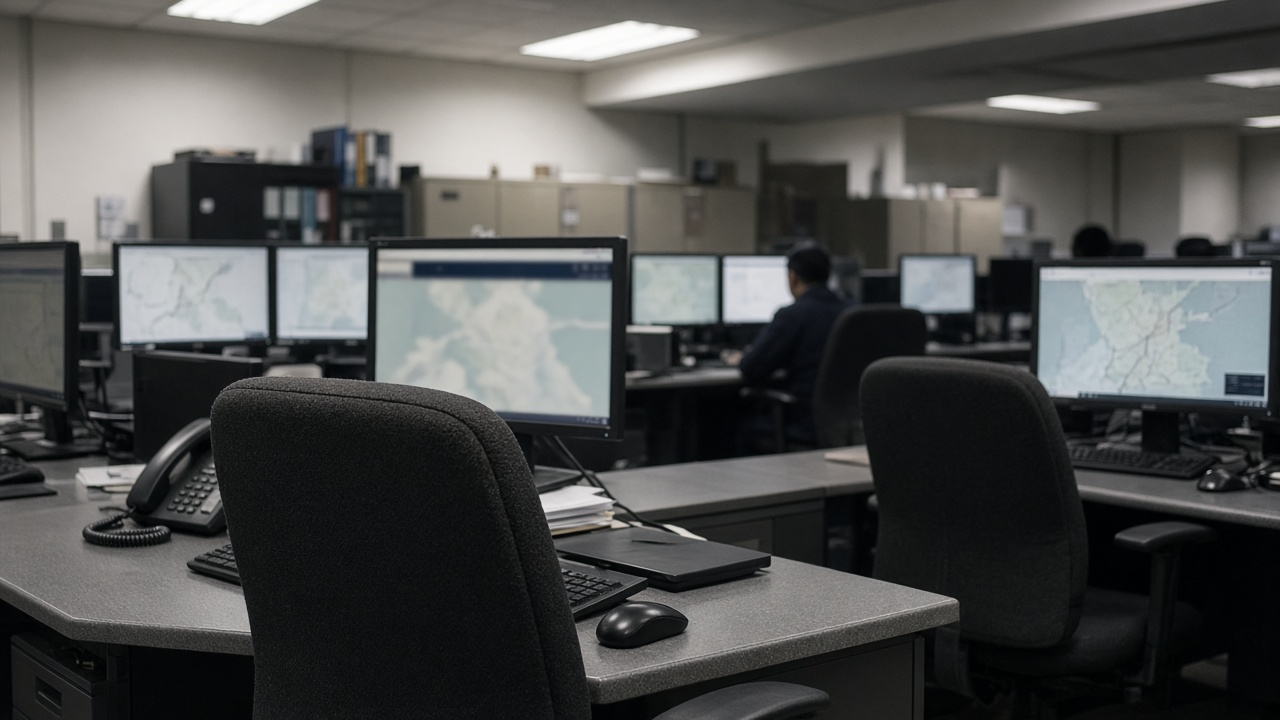 Singapore police operation room with desktop monitors showing blurred maps and office chairs, overhead fluorescent light, no logos or readable text
