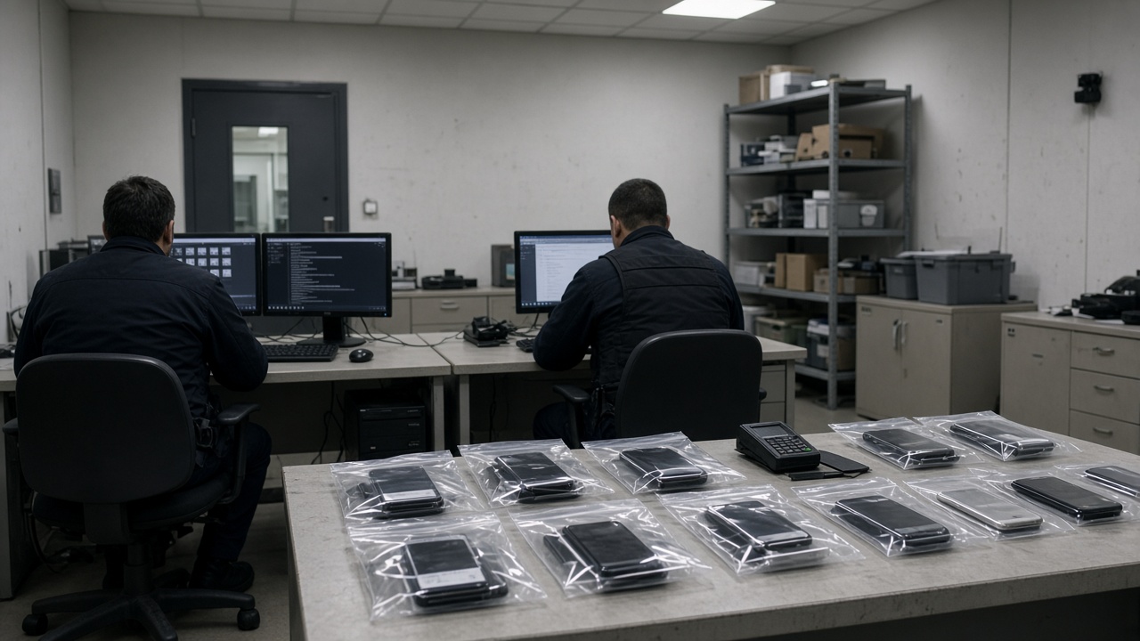 Police cybercrime office with evidence table holding sealed plastic bags of smartphones and a card reader, officers seen from behind reviewing monitors, harsh overhead light, no logos or readable text