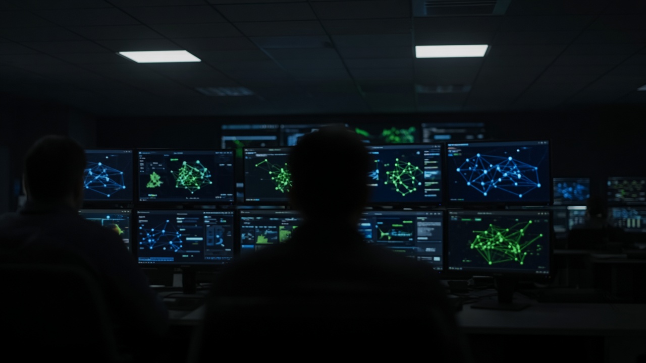 A dim network operations center with multiple monitors showing abstract network graphs in blue and green, operators silhouetted from behind without visible faces, ceiling LEDs, no readable text on screens.