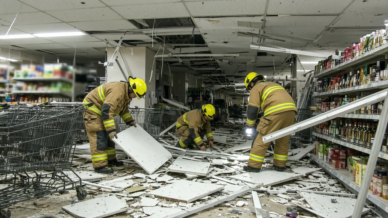 Firefighters in yellow helmets sift through fallen white ceiling panels inside a brightly lit Korean grocery aisle, with shopping carts pushed to the side.