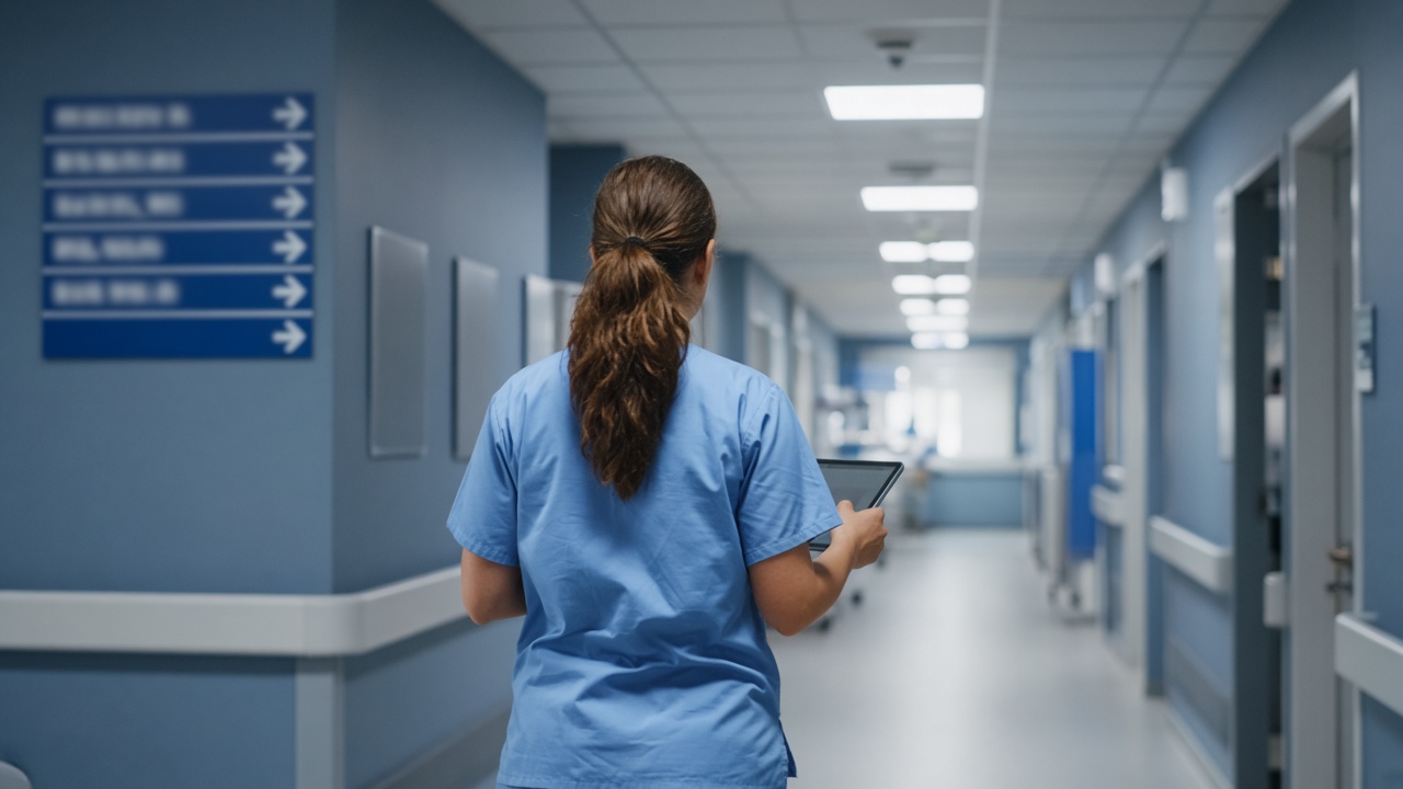 Hospital corridor with nurse in scrubs reviewing a tablet, muted NHS-style blue signage blurred, fluorescent corridor lighting, no identifiable faces or readable text