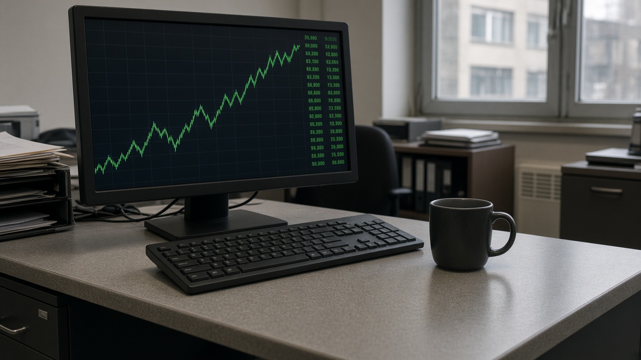 Retail investor workstation with stock price monitor showing green numbers, keyboard and coffee cup on laminate desk, no readable ticker text or logos