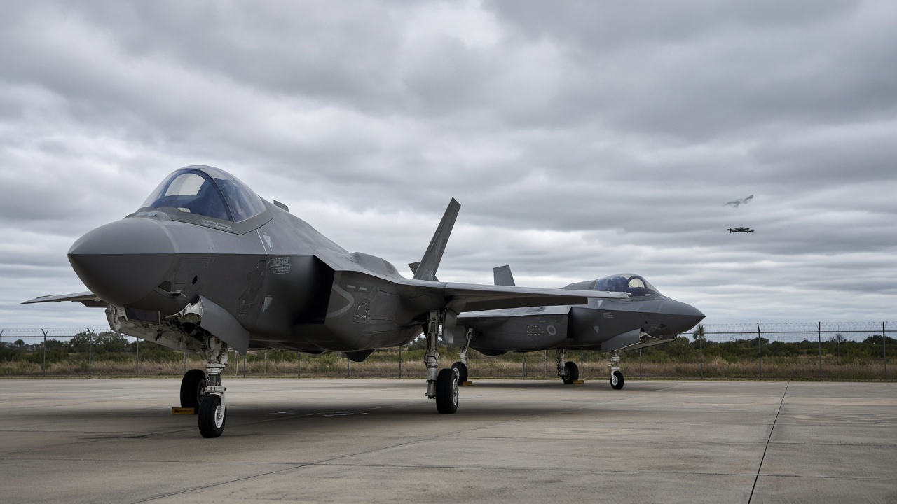 Royal Australian Air Force F-35A fighters parked at Williamtown with a small drone silhouette in the overcast sky beyond the perimeter fence