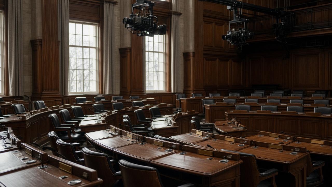 Legislative chamber desks with microphones and empty seats, overhead cameras, wood panel walls, soft window light, no readable nameplates or party logos