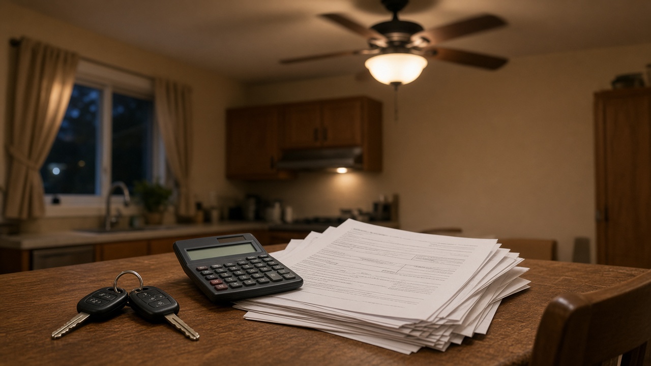 Kitchen table with car keys, calculator and stacked papers under a ceiling fan, evening light, no readable text on documents
